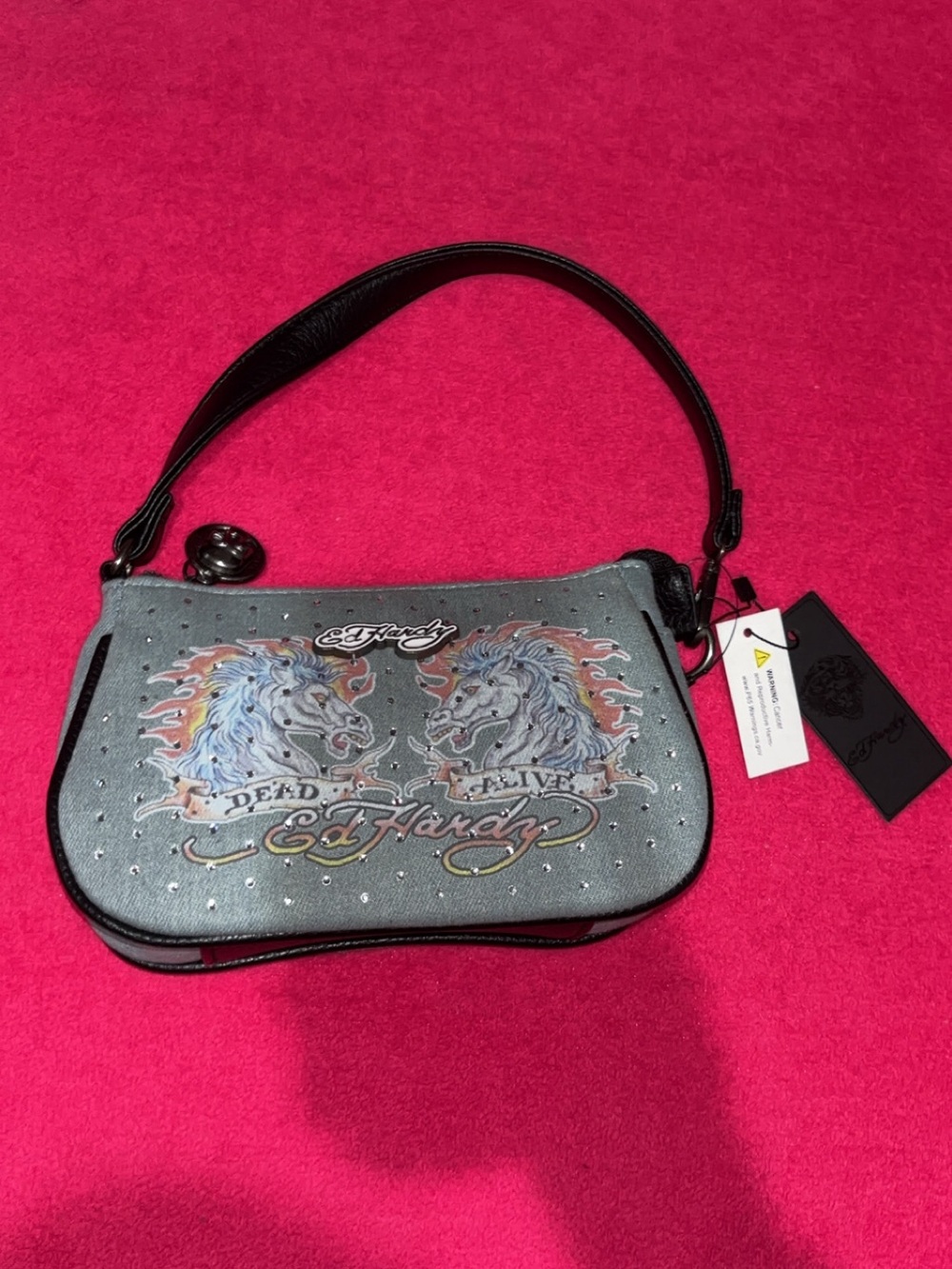 Ed Hardy Gray Studded Shoulder Bag with Horse Graphic